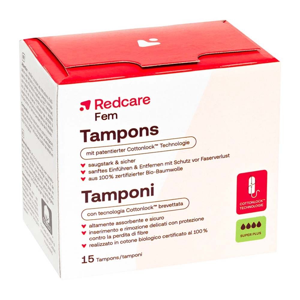 Verpakking van Redcare Fem Tampons. Bevat 15 tampons. Met Cottonlock technologie en Super Plus absorptie.