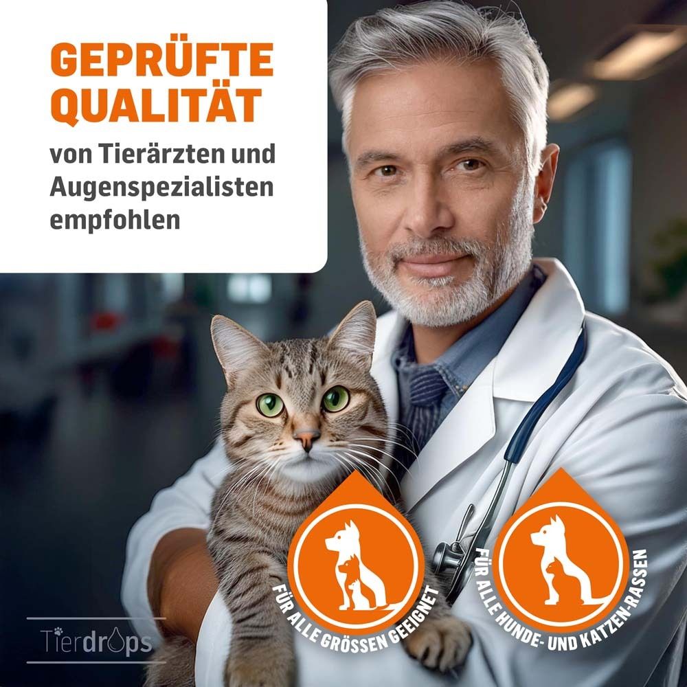 Vétérinaire avec chat, "Qualité testée" et "Recommandé par des vétérinaires et des ophtalmologues".