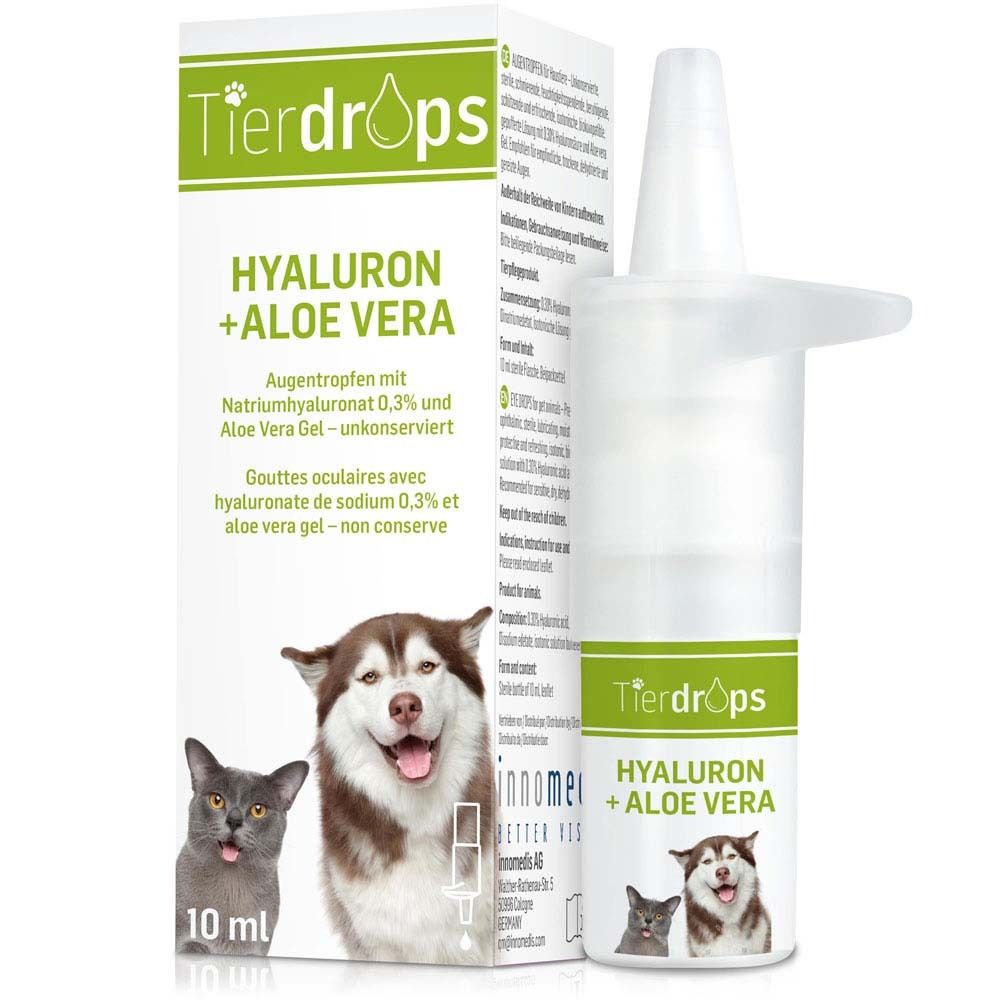 Verpakking oogdruppels met fles. Opschrift: Tierdrops Hyaluron + Aloe Vera. Afbeelding hond en kat.