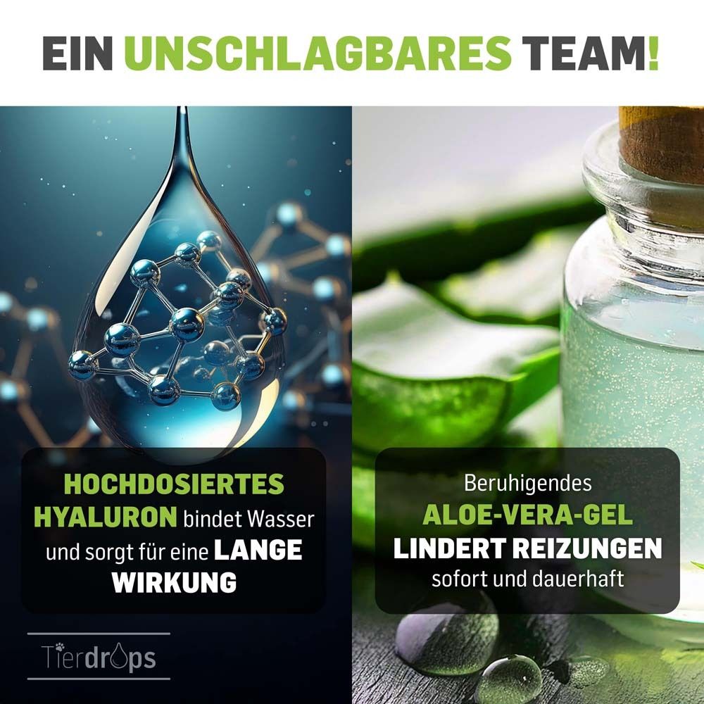Twee druppels met moleculaire structuur en aloë vera gel. Tekst: Hooggedoseerd hyaluron bindt water. Verzachtende aloë vera gel.