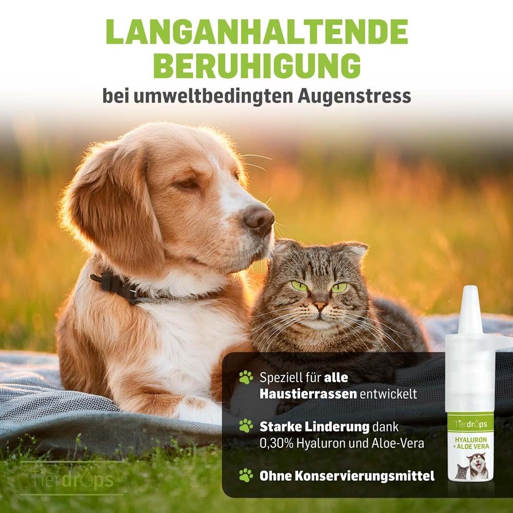 Hond en kat. Tekst: Langdurige verlichting bij omgevingsgerelateerde oogstress. Speciaal ontwikkeld voor alle huisdierrassen.