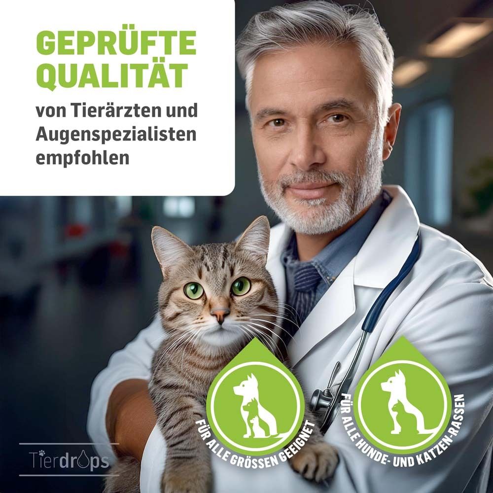 Dierenarts met kat. Tekst: Geteste kwaliteit aanbevolen door dierenartsen en oogspecialisten. Geschikt voor alle maten.