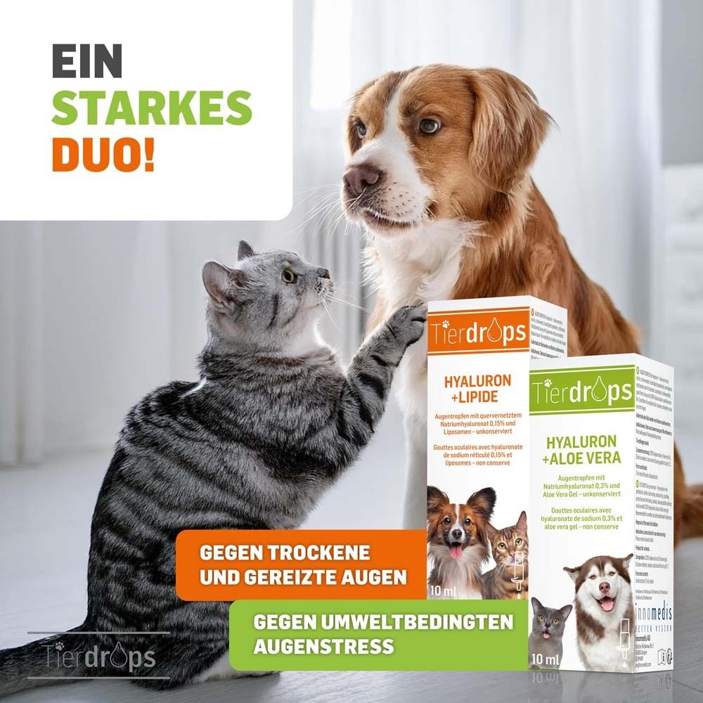 Kat en hond met product. Tekst: Tegen droge en geïrriteerde ogen. Tegen omgevingsgerelateerde oogstress. 10 ml flessen.