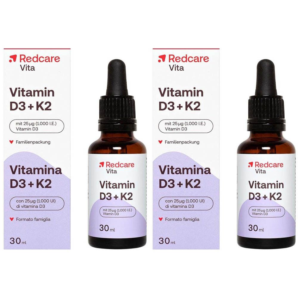 Deux flacons Redcare Vita Vitamine D3 + K2. Flacons en verre brun avec pipette noire. Inscription : 30 ml.