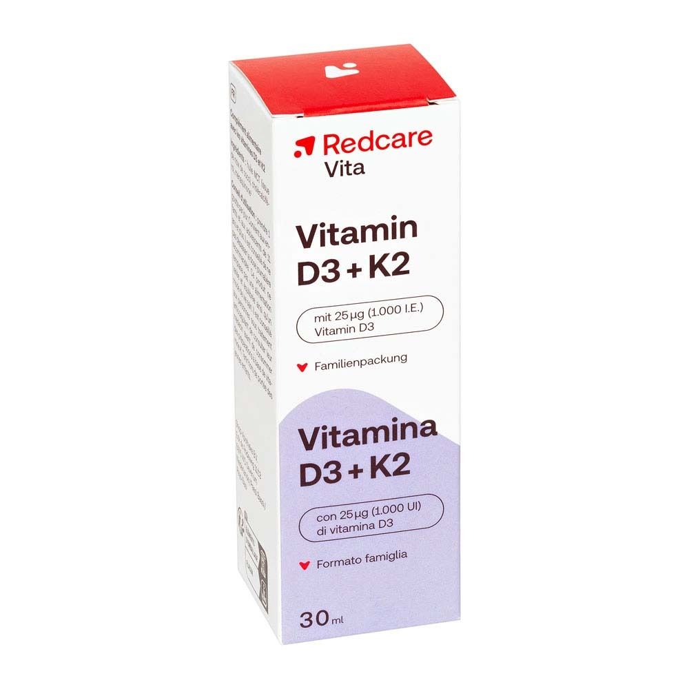 Redcare Vitamine D3 + K2 dans un emballage blanc. Texte en allemand et italien. Flacon de 30 ml.