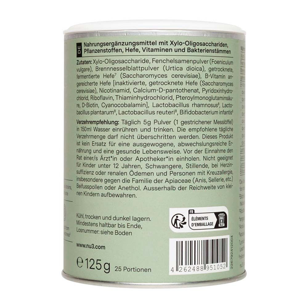 Achterkant van de doos. Lijst van ingrediënten, voedingswaarden en aanbevelingen voor gebruik. Bevat xylo-oligosachariden, gist, vitaminen.