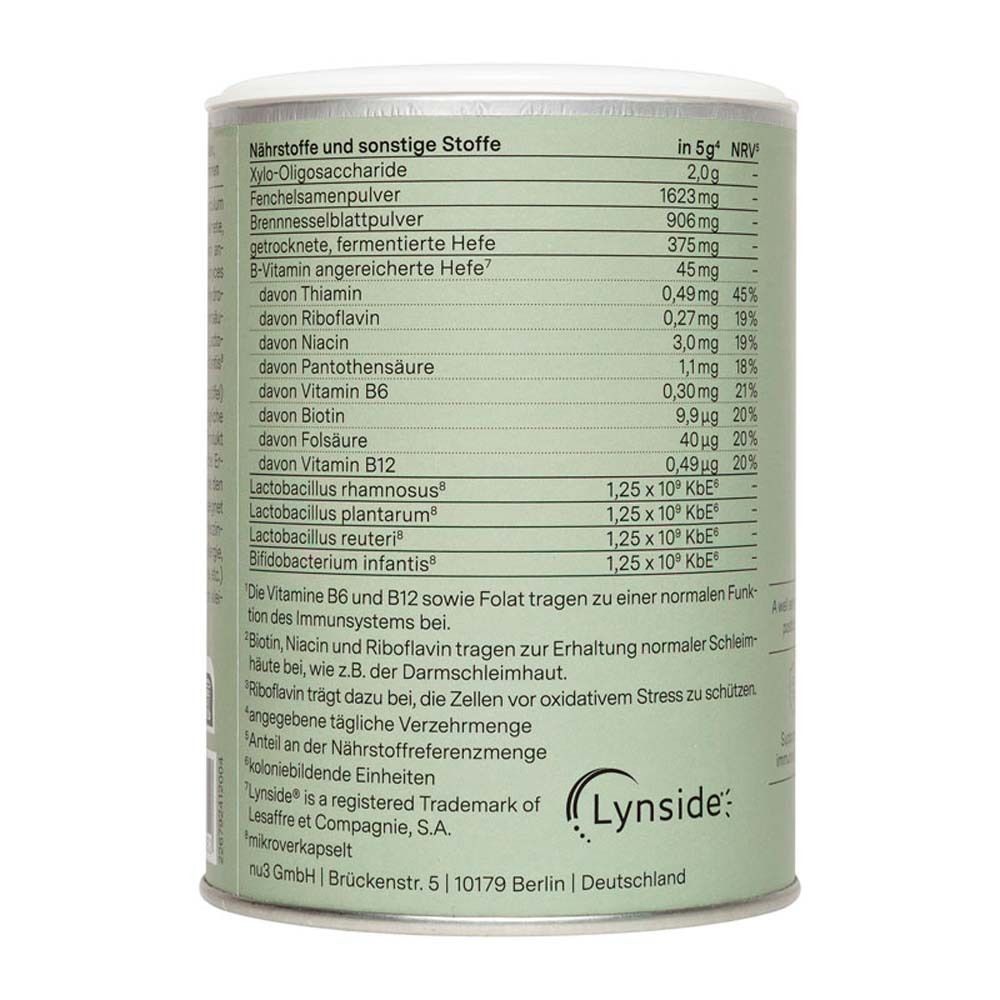 Detailweergave van de voedingstabel op de doos. Bevat informatie over vitaminen, mineralen en andere ingrediënten.