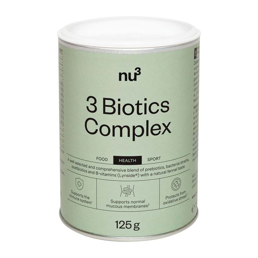 Cilindrische doos met deksel. Opschrift: nu3, 3 Biotics Complex, 125g. Bevat pre-, pro- en postbiotica, B-vitamines.