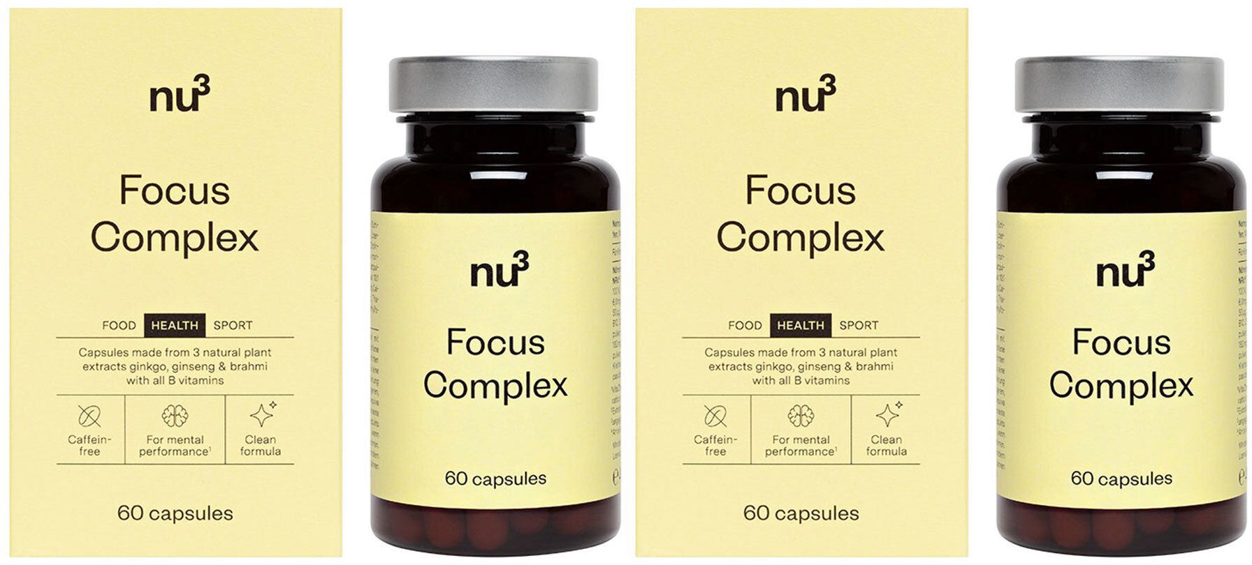 Trois flacons de nu3 Focus Complex avec étiquettes et boîtes jaunes. Inscription : Focus Complex, 60 gélules. Fond jaune clair.