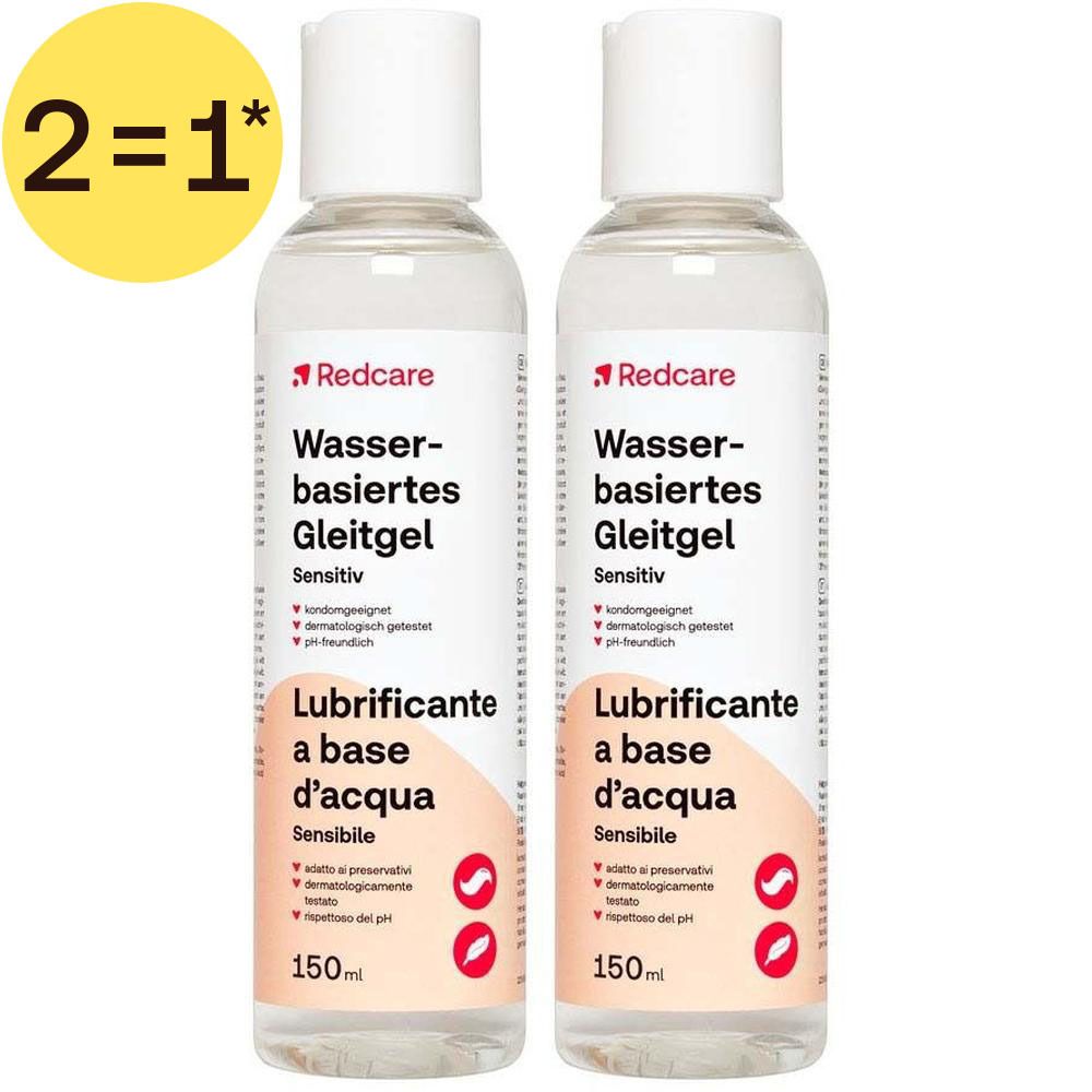 Twee flessen Redcare waterbasis glijmiddel Sensitiv, elk 150ml.