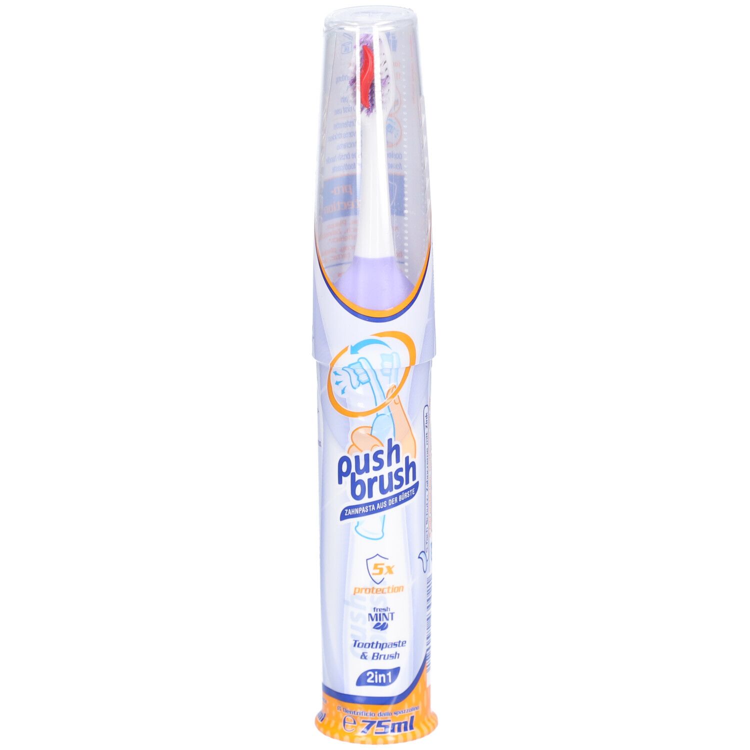 PushBrush 2-in-1 tandenborstel in verpakking. Bevat tandpasta en borstel. Met 5x bescherming. 75ml.