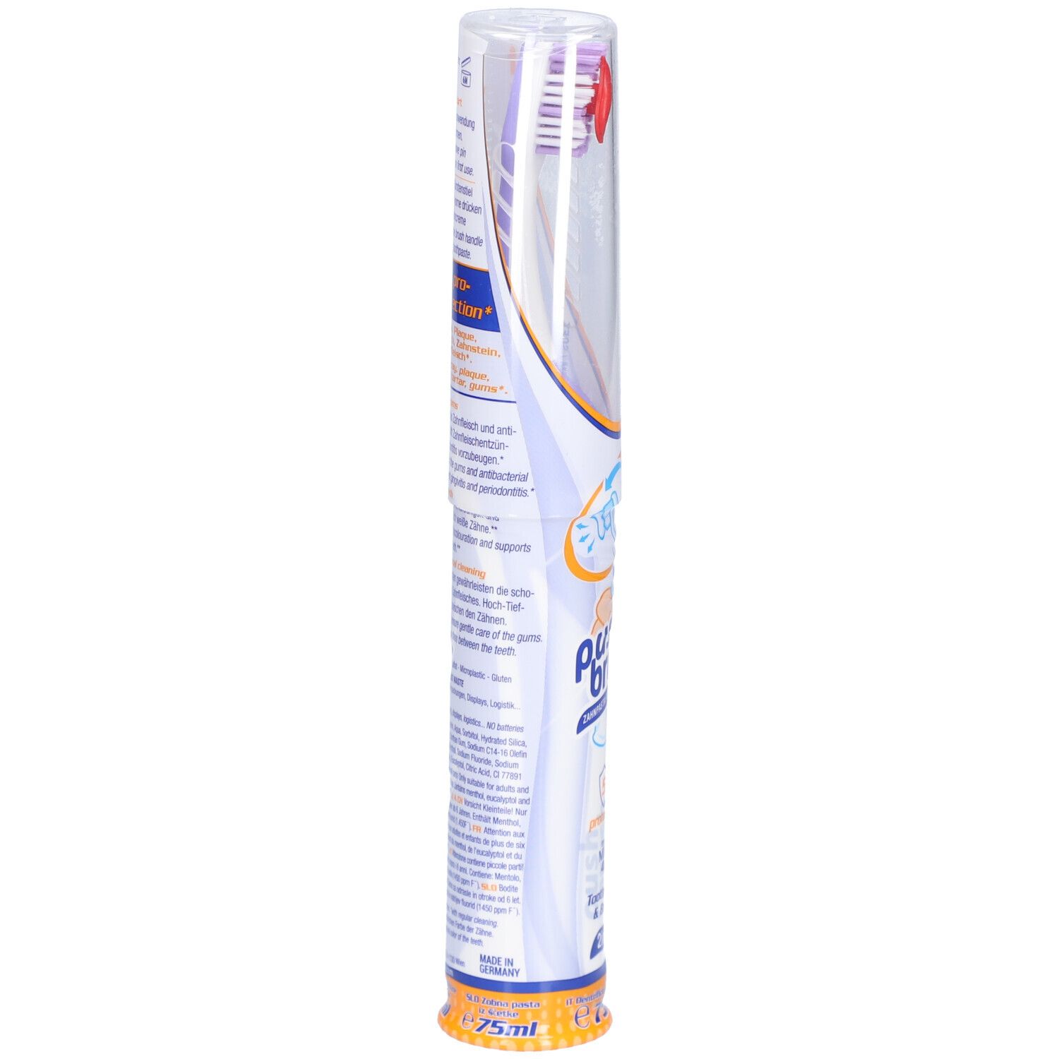 PushBrush 2-in-1 tandenborstel in verpakking. Achterkant met productinformatie en ingrediënten. 75ml.