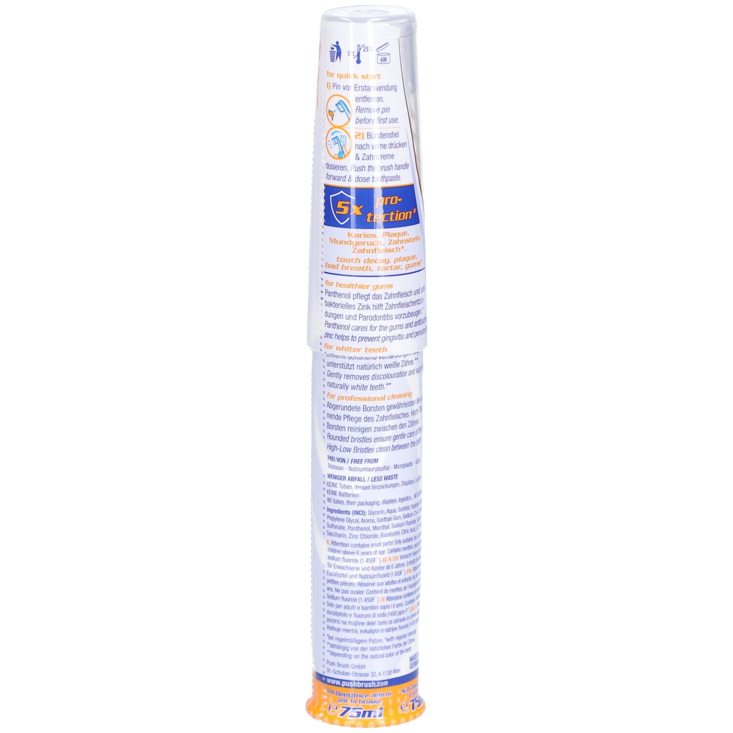 PushBrush 2-in-1 tandenborstel in verpakking. Achterkant met productinformatie en ingrediënten. 75ml.