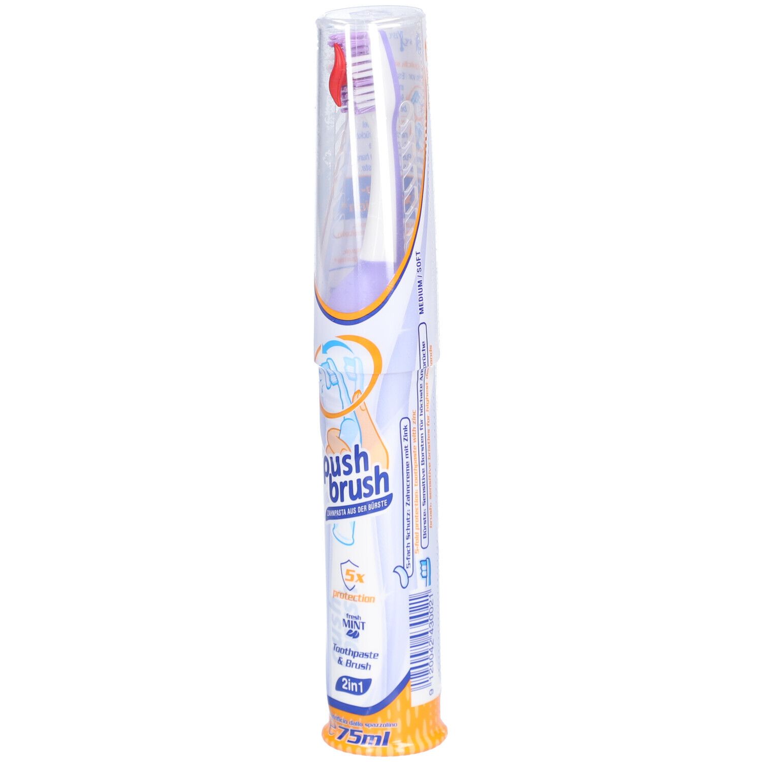 PushBrush 2-in-1 tandenborstel in verpakking. Bevat tandpasta en borstel. Met 5x bescherming. 75ml.