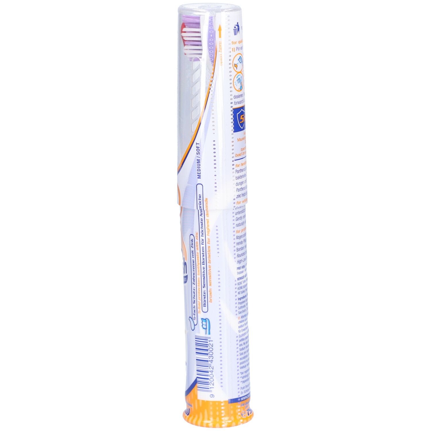 PushBrush 2-in-1 tandenborstel in verpakking. Achterkant met productinformatie en ingrediënten. 75ml.