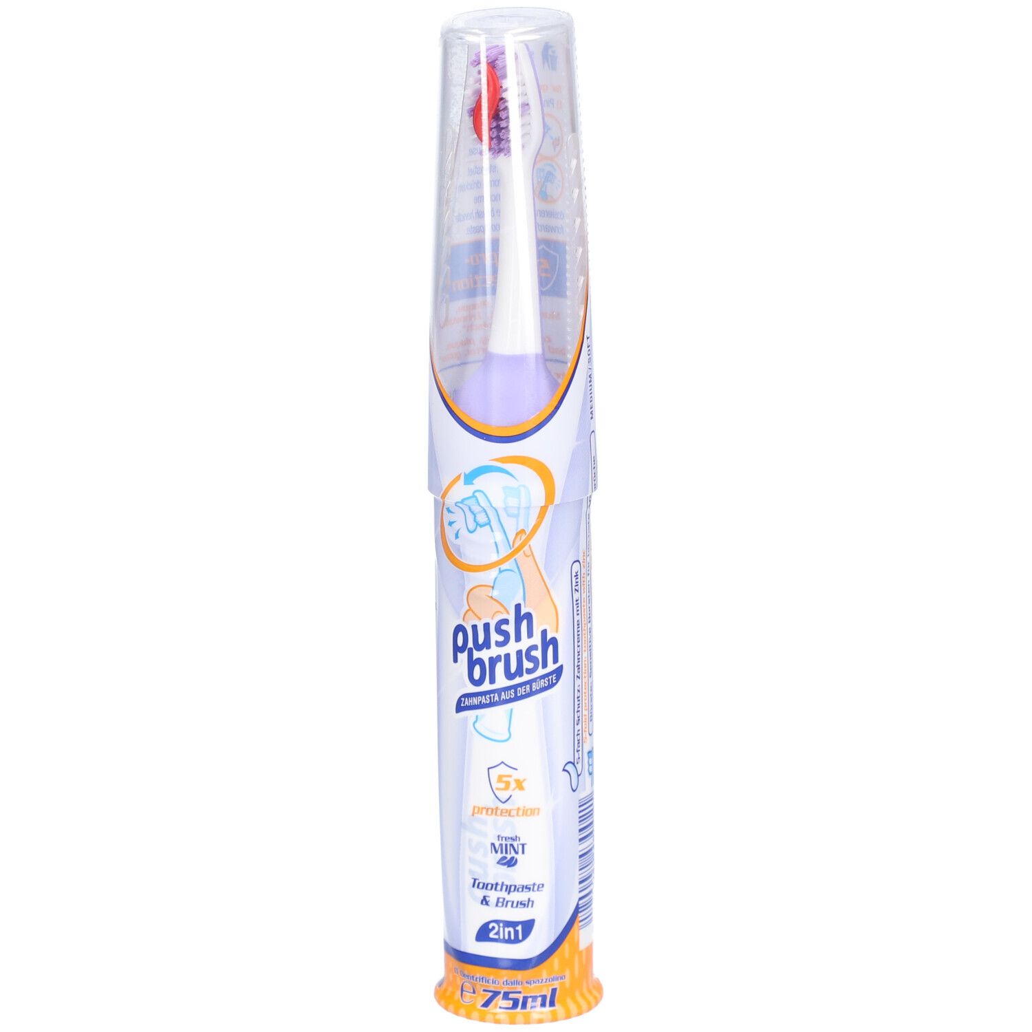PushBrush 2-in-1 tandenborstel in verpakking. Bevat tandpasta en borstel. Met 5x bescherming. 75ml.