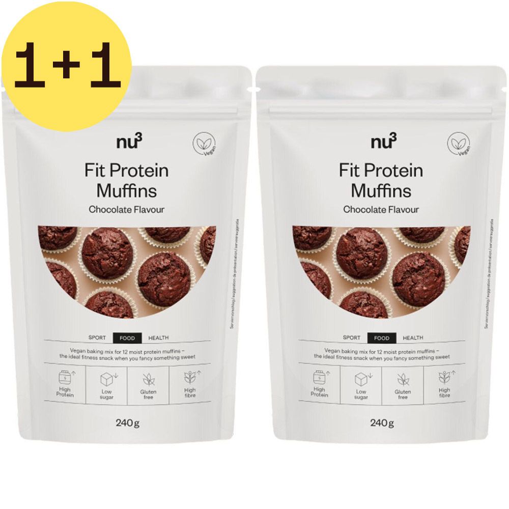 Twee zakken nu3 Fit Protein Muffins, chocoladesmaak. Opschrift: High Protein, Low Sugar, Gluten Free, High Fibre. 240g.