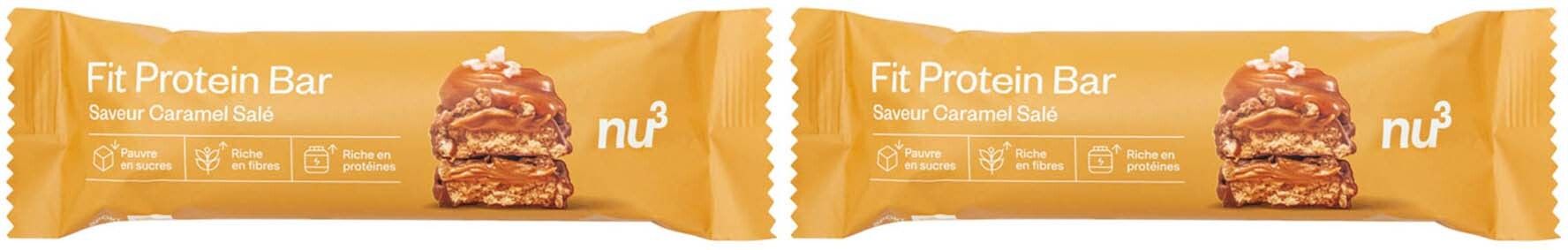 Twee nu3 Fit Protein Bar Salted Caramel repen in gouden verpakking. Zichtbaar: productnaam, logo en reepdoorsnede.