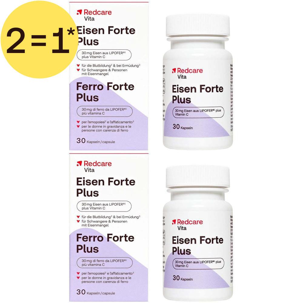 Deux boîtes et deux flacons de Redcare Eisen Forte Plus, chacun contenant 30 capsules.