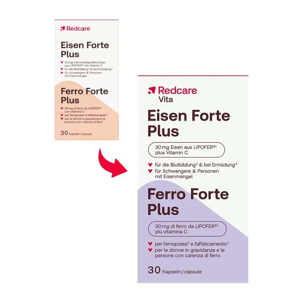 Image agrandie de l'emballage de Redcare Eisen Forte Plus. Inscription: 30mg de fer de LIPFER® plus vitamine C. 30 gélules.