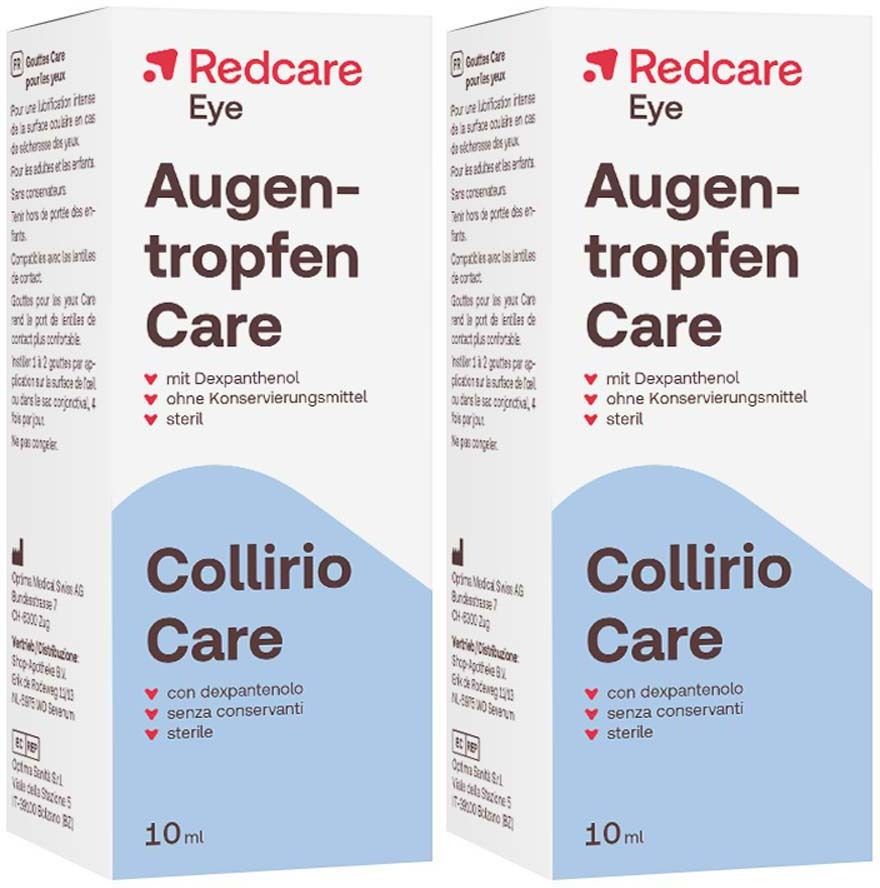 Twee verpakkingen oogdruppels Care. Witte dozen met rode en blauwe tekst. Bevat 10 ml.