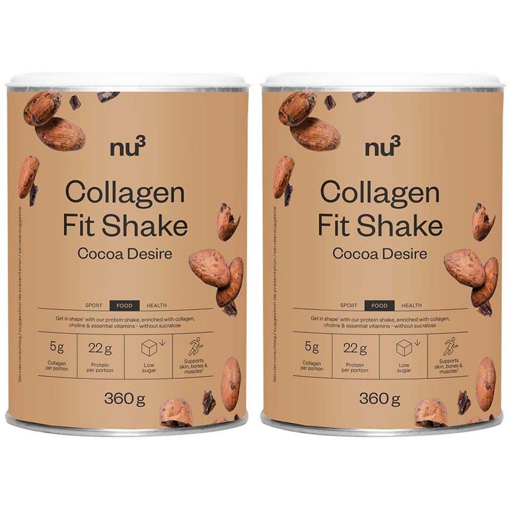 Deux boîtes de nu3 Collagen Fit Shake Cacao, 360g. Contient des protéines, des vitamines et du collagène.