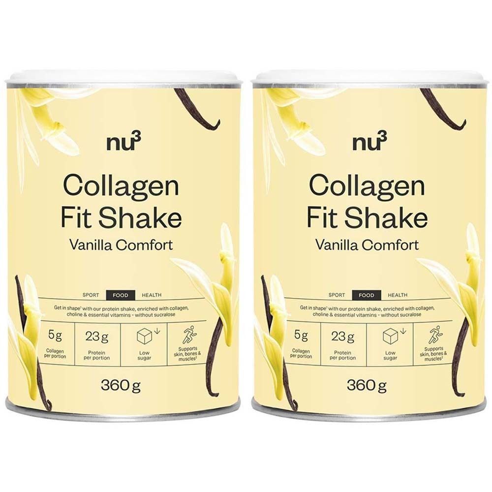 Deux boîtes de nu3 Collagen Fit Shake Vanille, chacune de 360g.