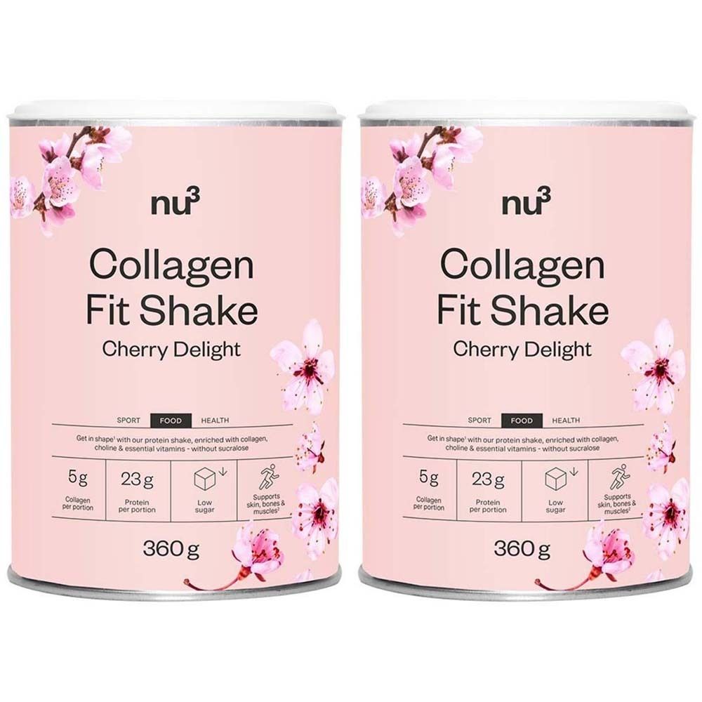 Twee blikken nu3 Collagen Fit Shake Cherry Delight. Roze blikken met bloemmotief en productinformatie. 360g.