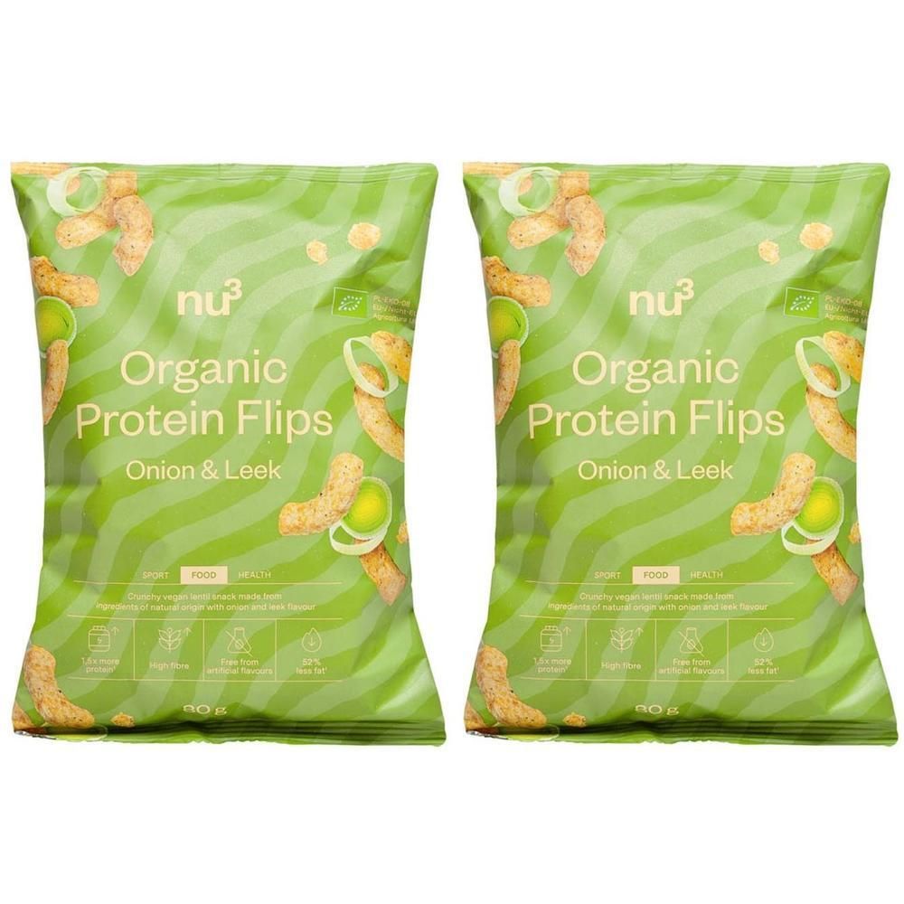 Twee pakken nu3 Biologische Protein Flips Ui & Prei, met "2=1" sticker.