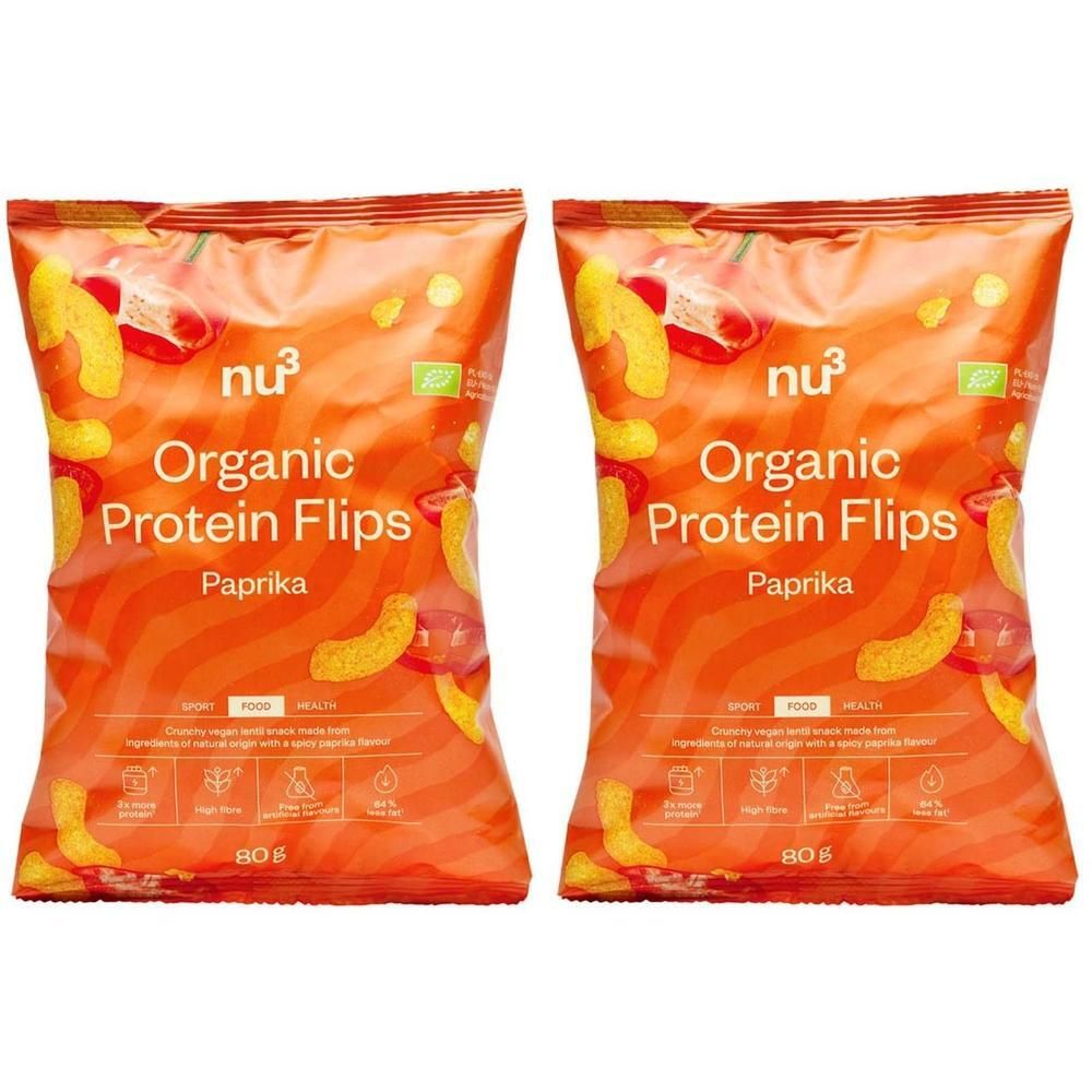 Twee pakken nu3 Bio Protein Flips Paprika met "2=1" actie.