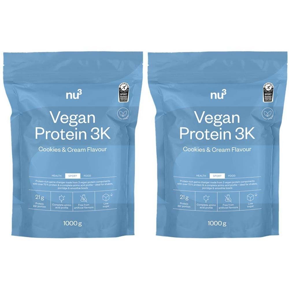 Deux sachets de nu3 Vegan Protein 3K Cookies & Cream. Sachet bleu clair avec nom et logo du produit. Paquet de 1000g. Sceau.