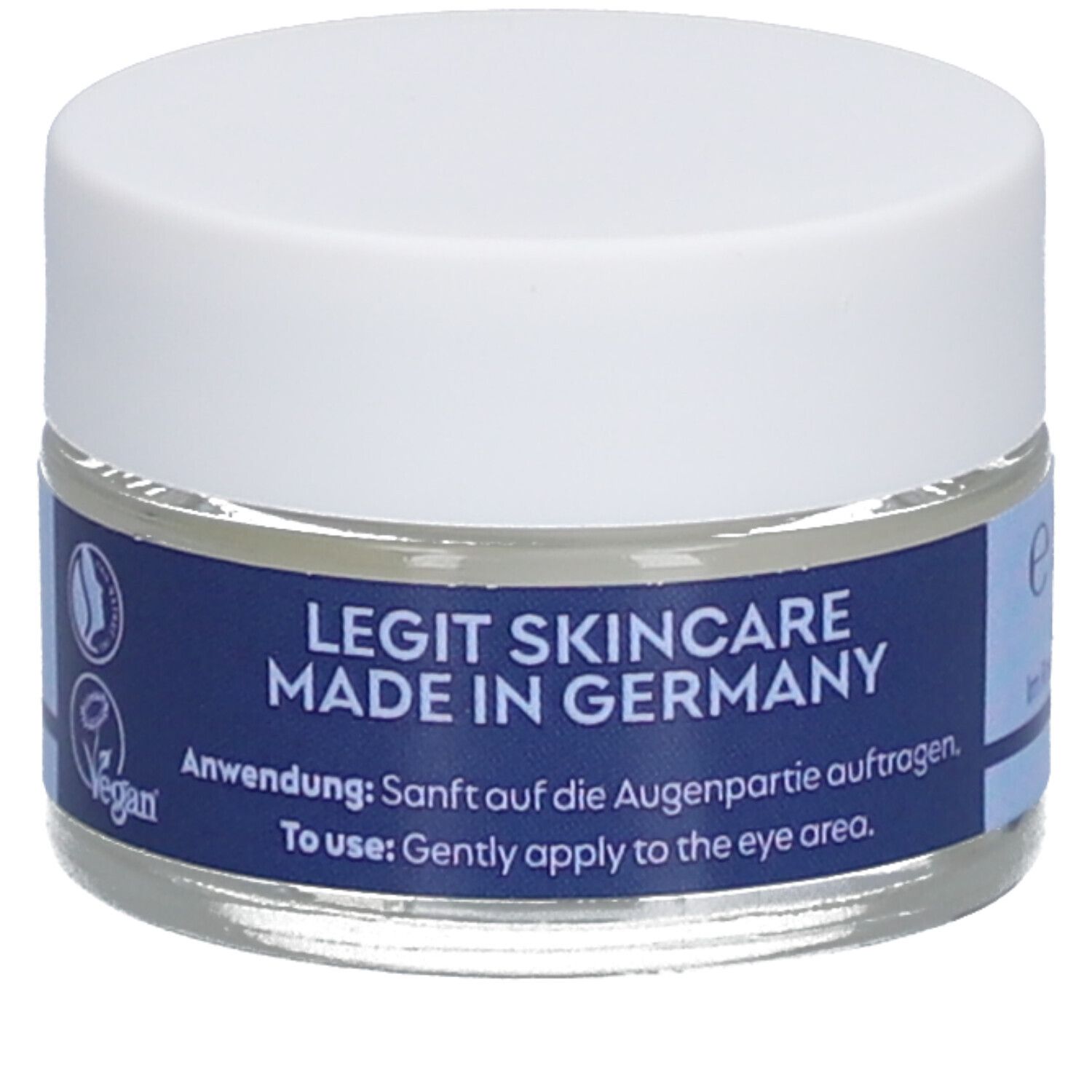 Oogcrèmetiegel met witte deksel. Blauwe band met tekst: LEGIT SKINCARE MADE IN GERMANY. Vegan-zegel.