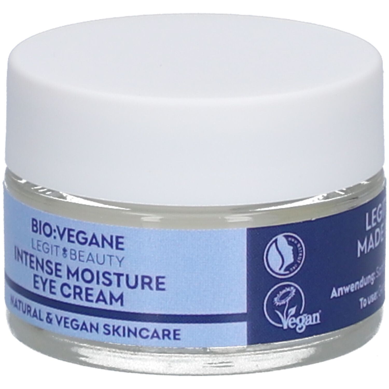 Oogcrèmetiegel met witte deksel. Blauwe band met tekst: BIO:VEGANE Intense Moisture Eye Cream. Vegan-zegel.