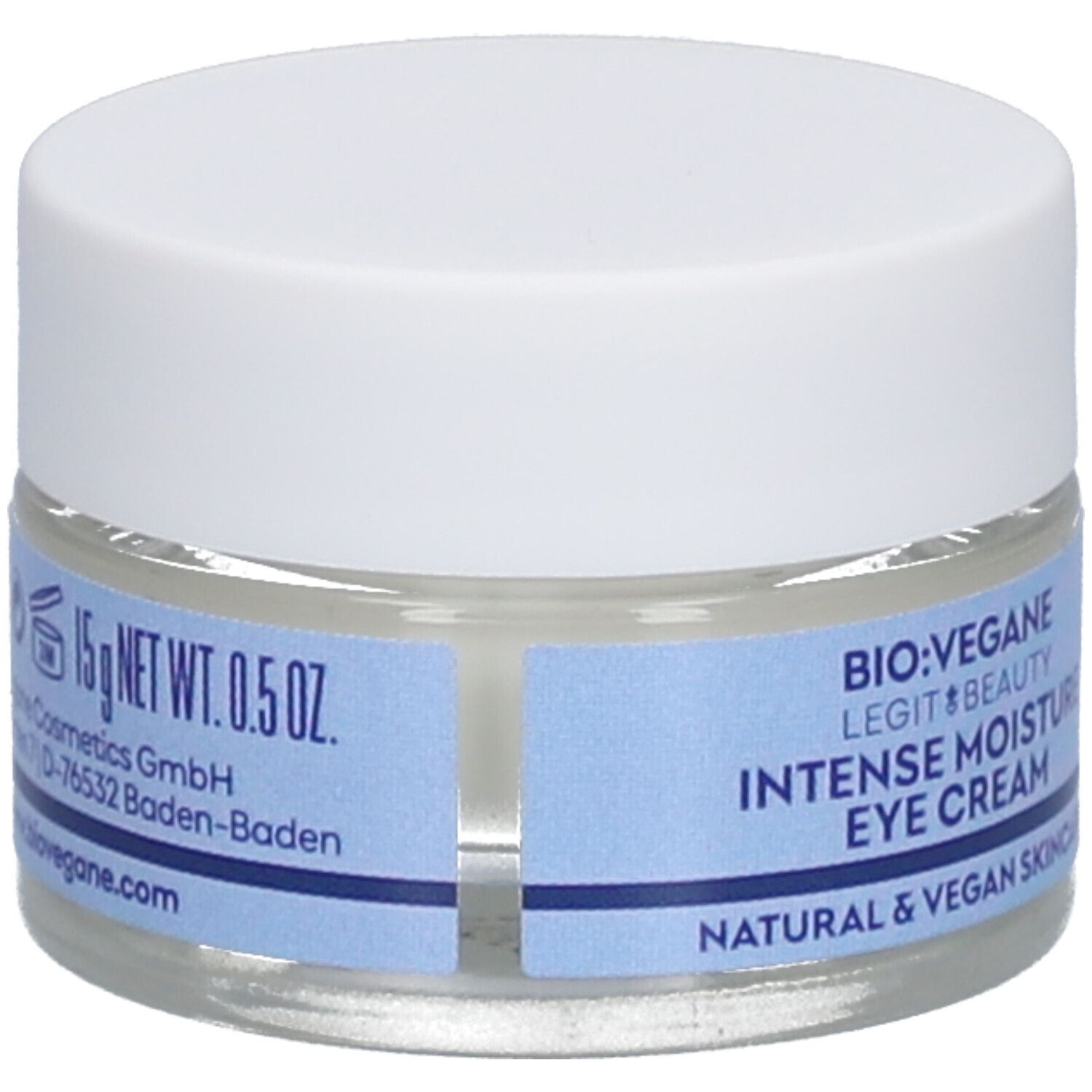 Oogcrèmetiegel met witte deksel. Blauwe band met tekst: BIO:VEGANE Intense Moisture Eye Cream. 15g Net Wt. 0.5 OZ.