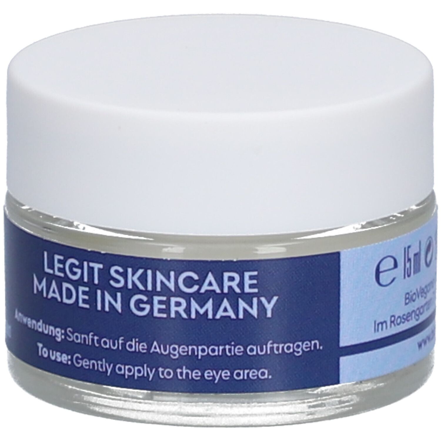 Oogcrèmetiegel met witte deksel. Blauwe band met tekst: LEGIT SKINCARE MADE IN GERMANY. e 15ml.