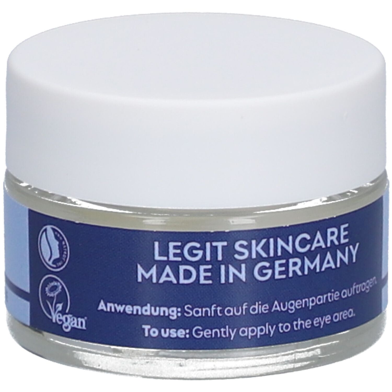 Oogcrèmetiegel met witte deksel. Blauwe band met tekst: LEGIT SKINCARE MADE IN GERMANY. Vegan-zegel.