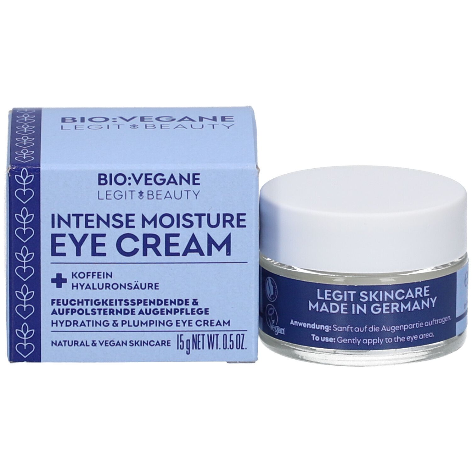 Oogcrèmetiegel en doos. Doos met tekst: BIO:VEGANE Intense Moisture Eye Cream. 15g NET WT. 0.5 OZ.