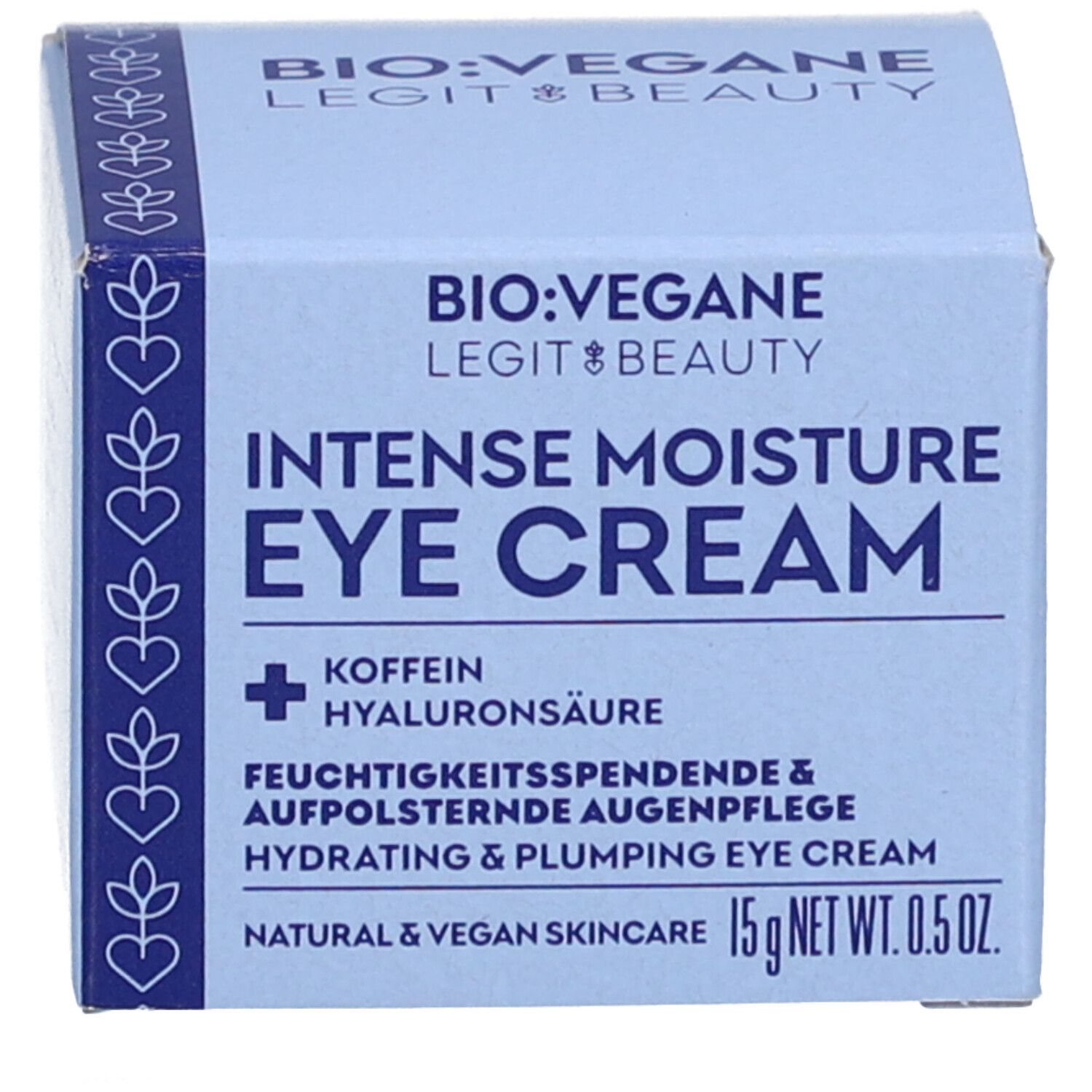 Doos met tekst: BIO:VEGANE Intense Moisture Eye Cream. 15g NET WT. 0.5 OZ. Met ingrediëntenlijst.