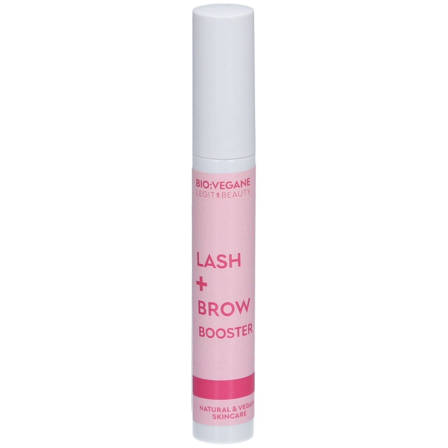 BIO:VEGANE Lash + Brow Booster. Roze tube met witte dop. Opschrift: Lash + Brow Booster.