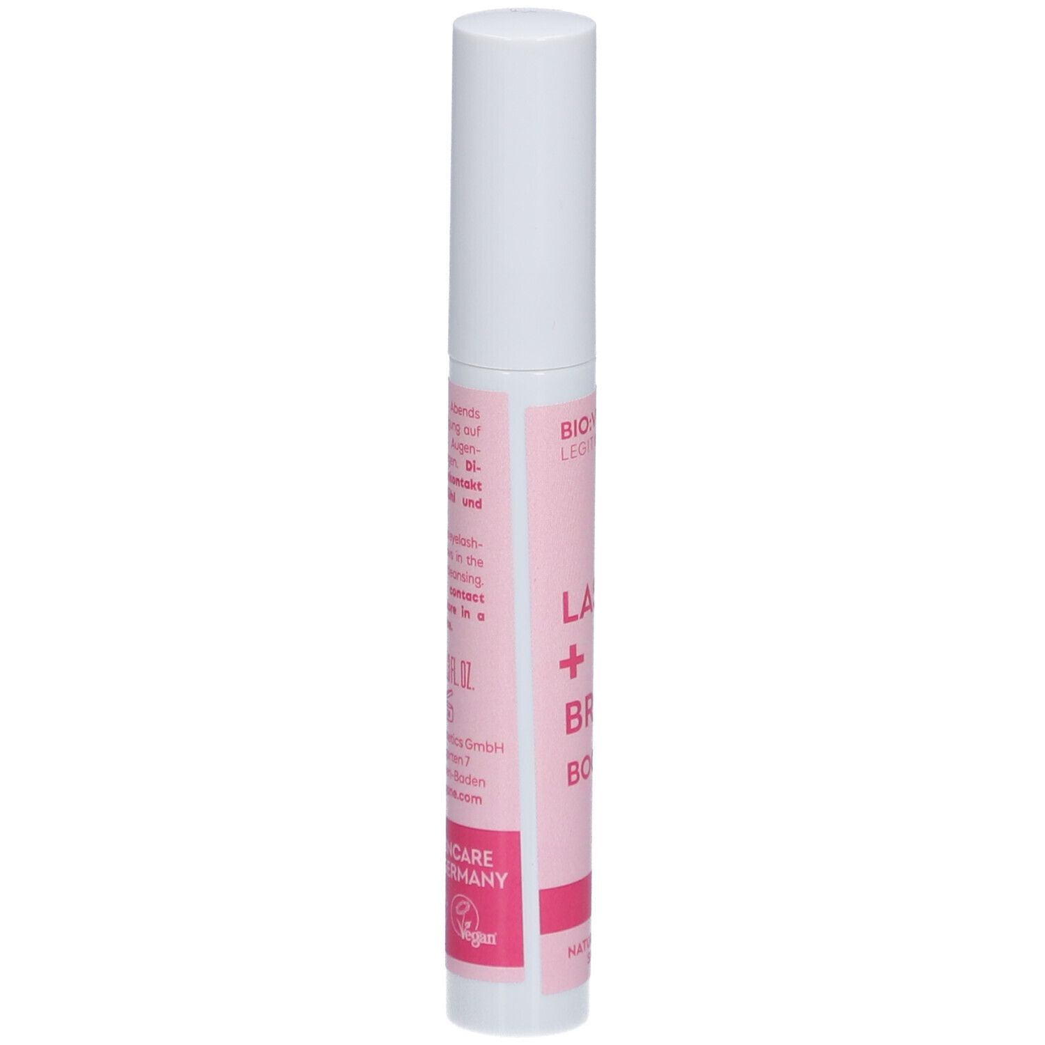 BIO:VEGANE Lash + Brow Booster. Achterkant van de tube met tekst. Roze achtergrond, witte dop.