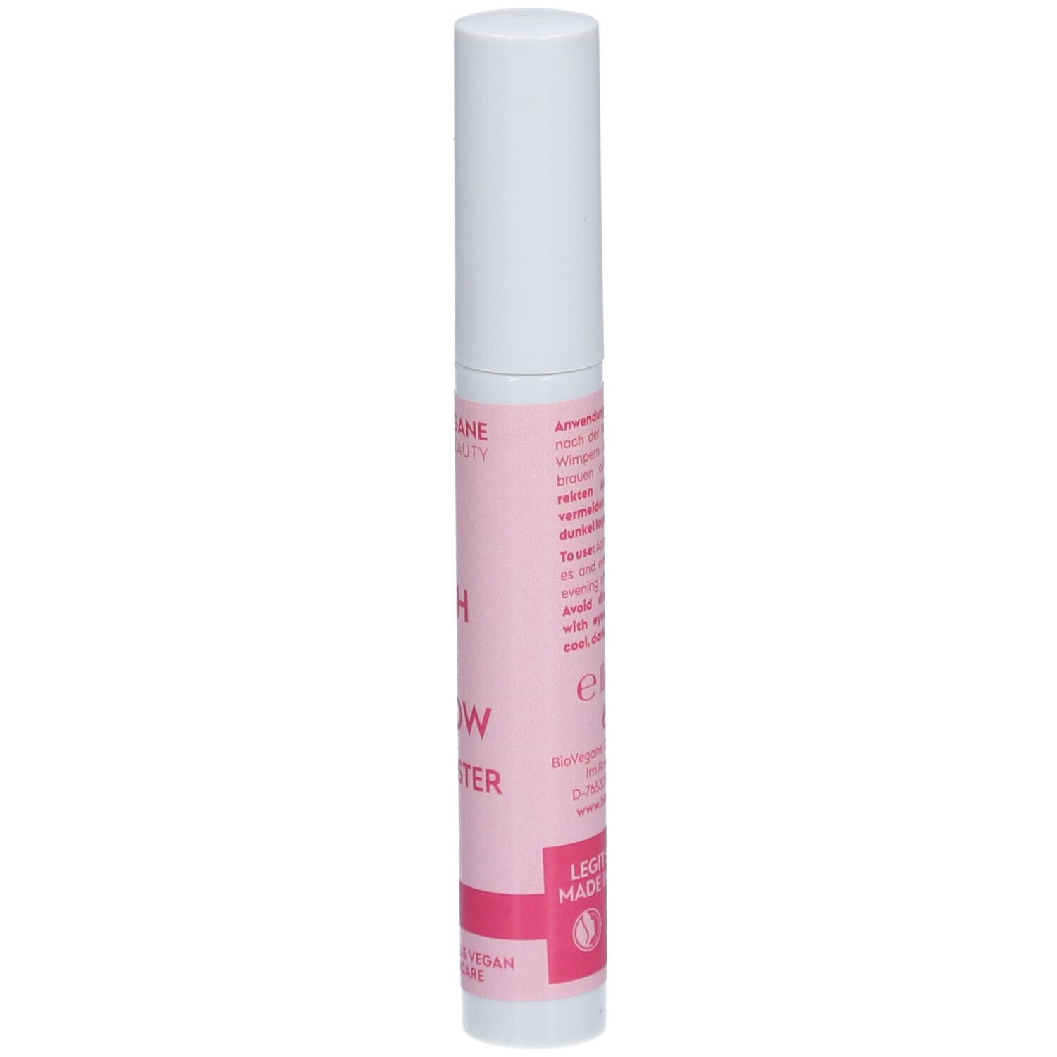 BIO:VEGANE Lash + Brow Booster. Detailweergave van de tube met tekst. Roze achtergrond, witte dop.