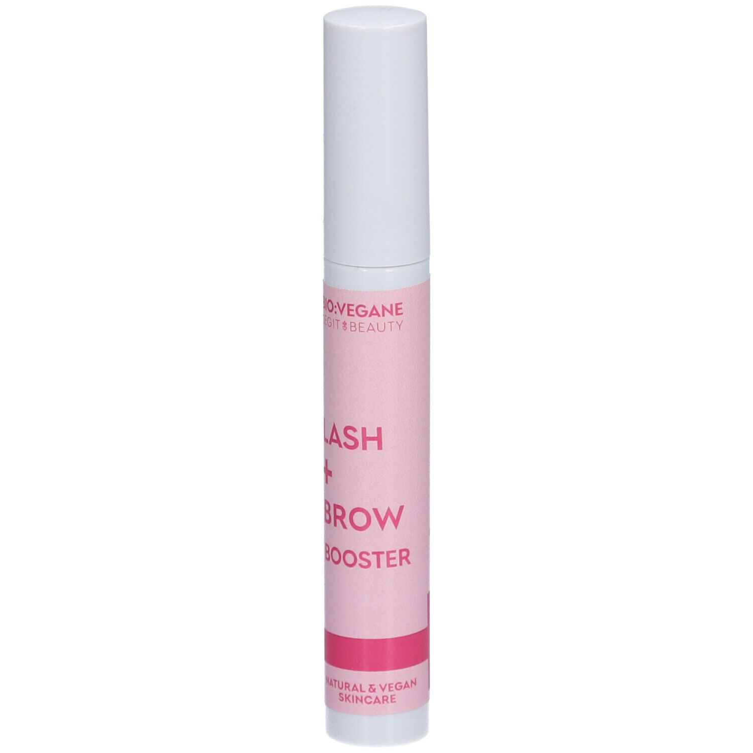 BIO:VEGANE Lash + Brow Booster. Roze tube met witte dop. Opschrift: Lash + Brow Booster.
