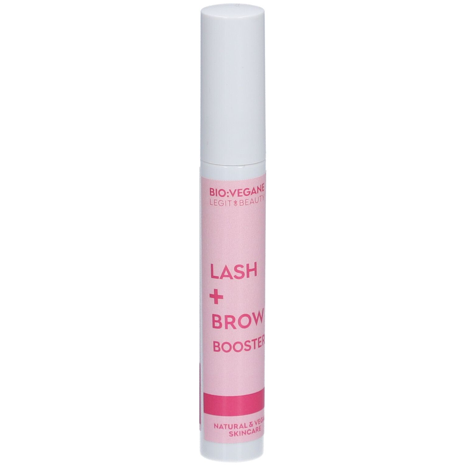 BIO:VEGANE Lash + Brow Booster. Roze tube met witte dop. Opschrift: Lash + Brow Booster.