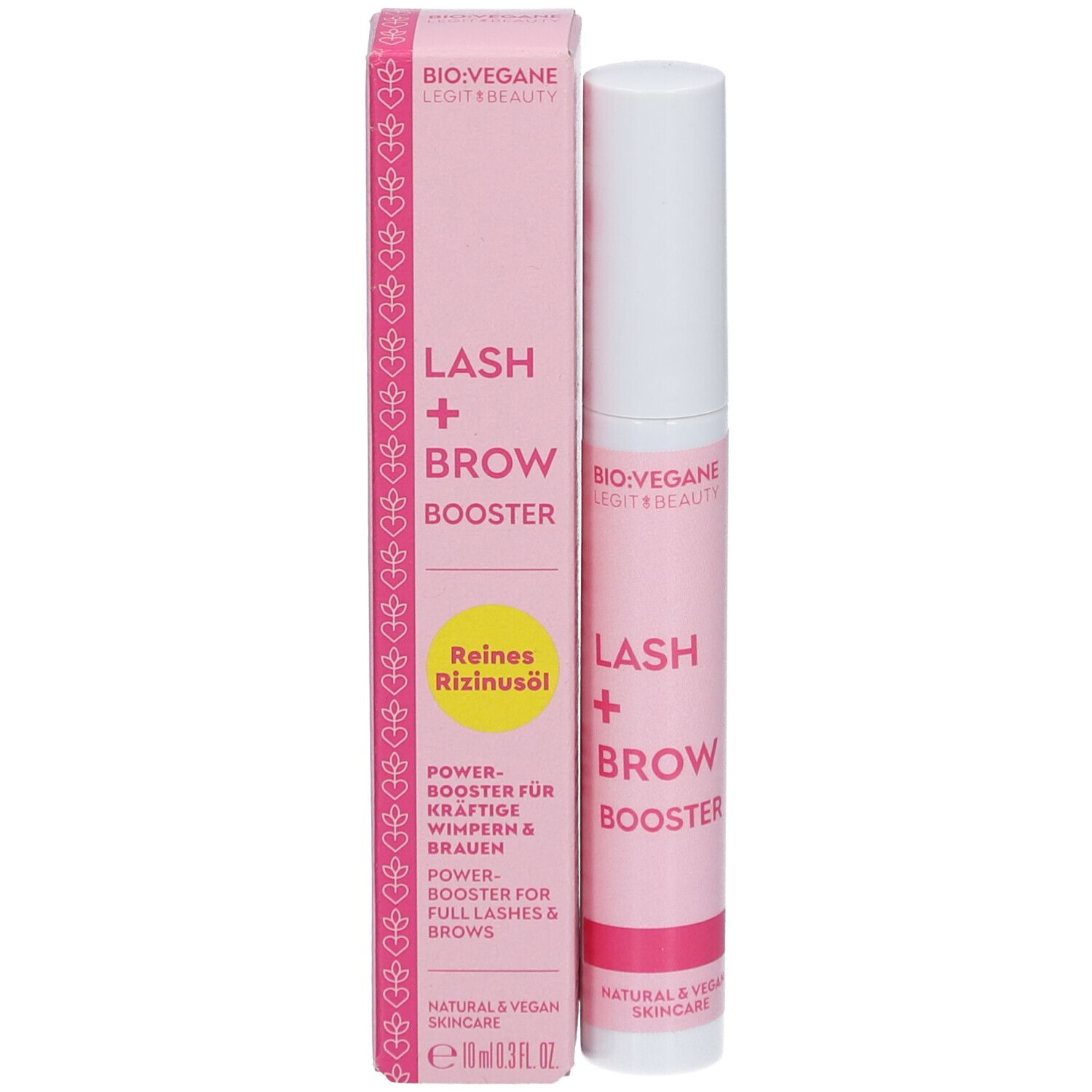 BIO:VEGANE Lash + Brow Booster. Product met verpakking. Roze verpakking met product. Opschrift: Lash + Brow Booster.