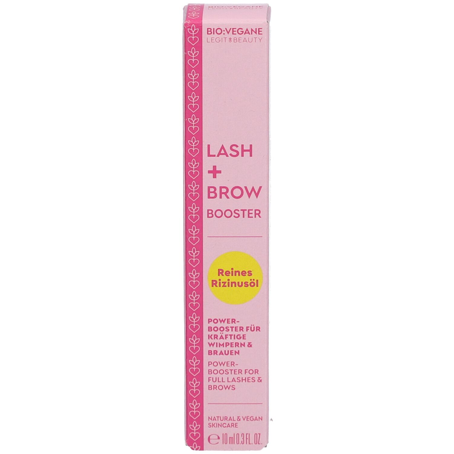 BIO:VEGANE Lash + Brow Booster. Roze verpakking. Opschrift: Lash + Brow Booster. Tekst: Reines Rizinusöl.