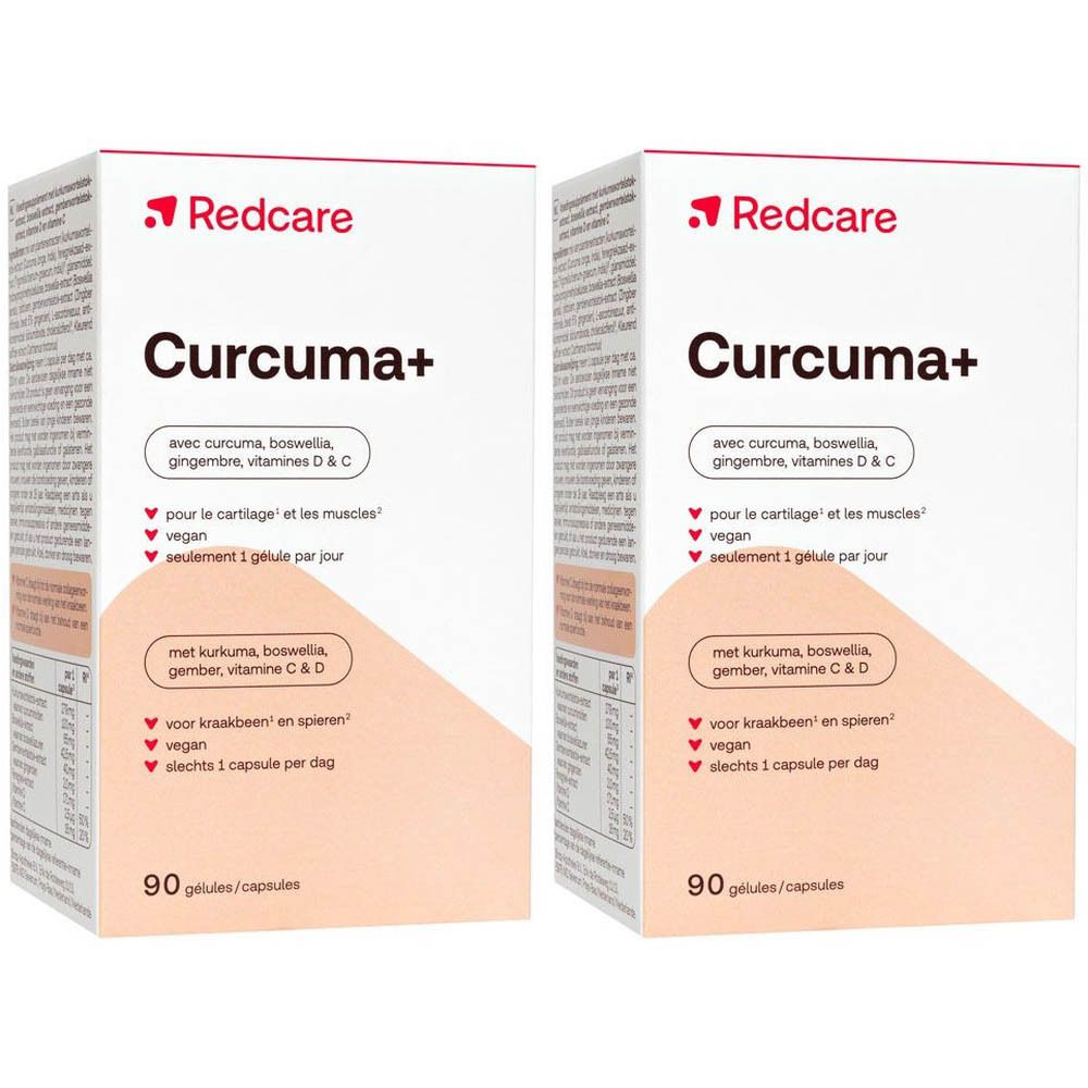Twee dozen Redcare Curcuma+ met vitaminen D & C. Opschrift: Curcuma+, 90 capsules. Rood merk.