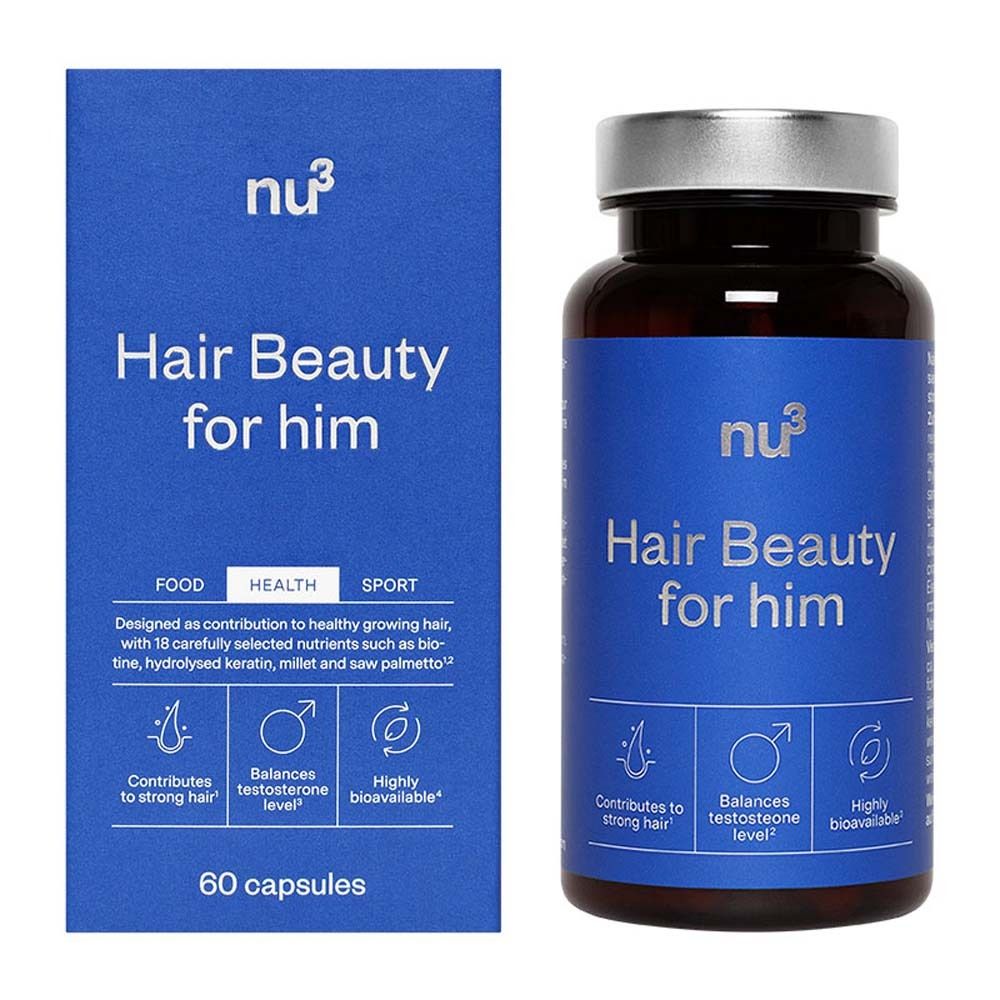 Blauwe doos en fles met capsules. Opschrift: Hair Beauty for him. Logo's en tekst.