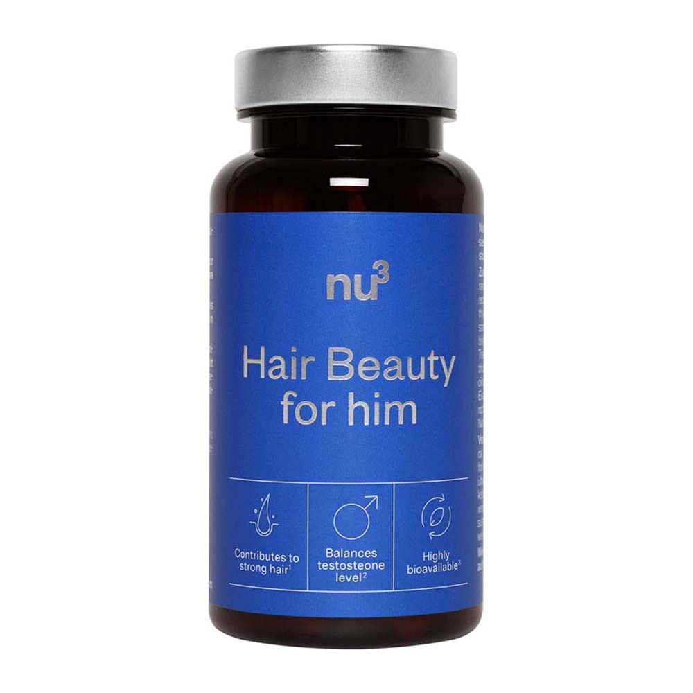 Bruine fles met zilveren dop en blauwe opdruk: Hair Beauty for him. Capsules.