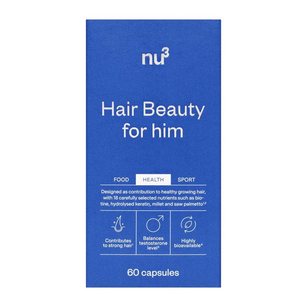 Blauwe doos met opschrift: Hair Beauty for him. Logo's en tekst. 60 capsules.