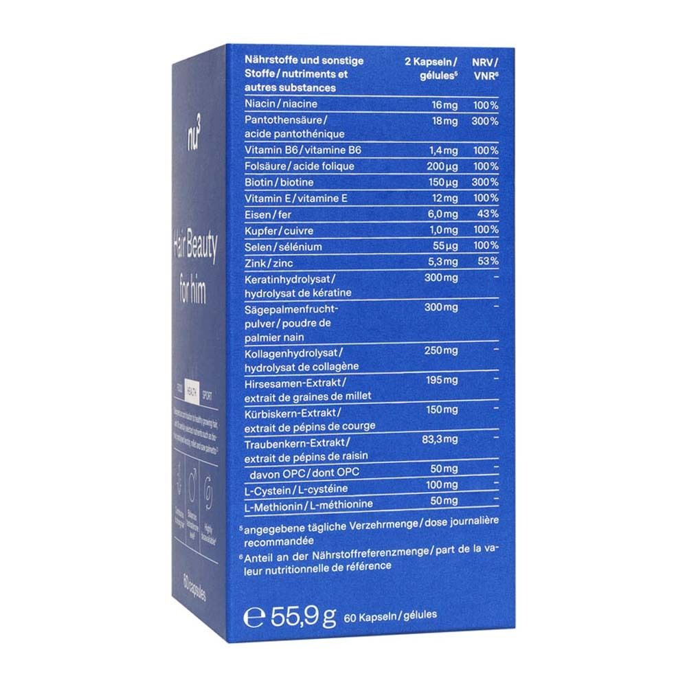 Achterkant van de blauwe doos met ingrediëntenlijst en voedingstabel. Tekst in het Duits.